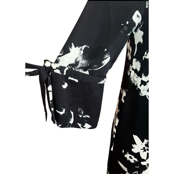 H&M Navy Satin Floral Shift Dress Size 4 Sleeve Bow Cuff Elegant Cocktail NWT - Picture 7 of 8